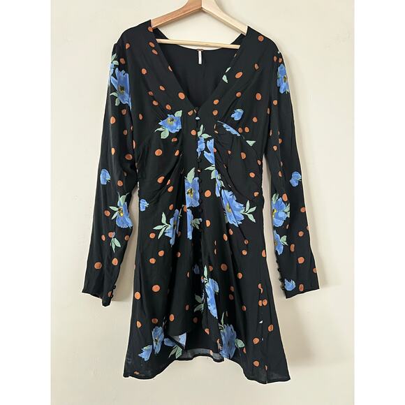 Free People Date Night Mini Women's Dress A-Line Black Dot Floral Medium Boho - Picture 3 of 5